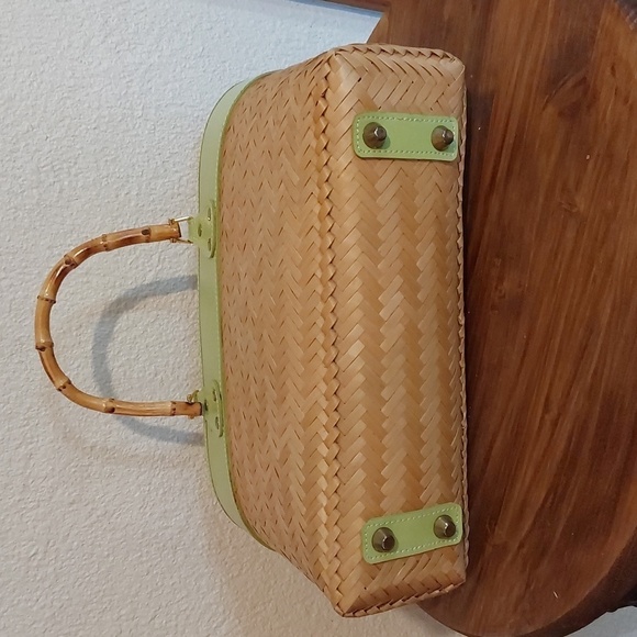 Green & Rattan Straw TOTE bag Bamboo Handles Polka-dot interior Medium Size - Picture 5 of 8